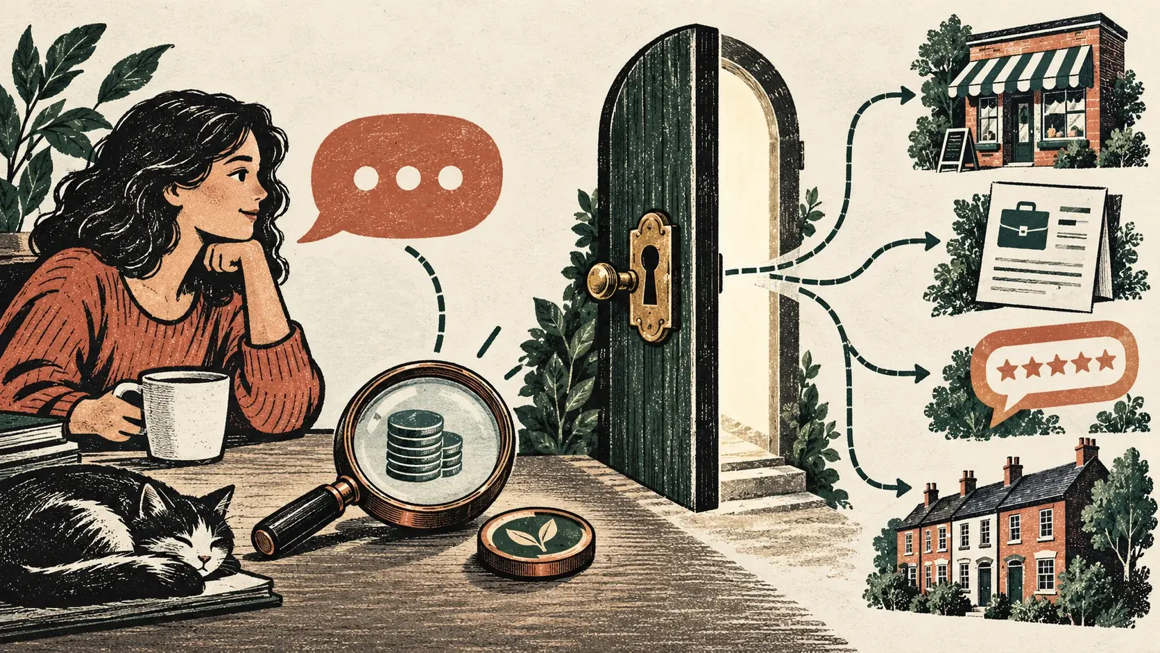 Editorial illustration of a consent gate connecting a conversation to research tools, with a separate free credit preview before a paid call.