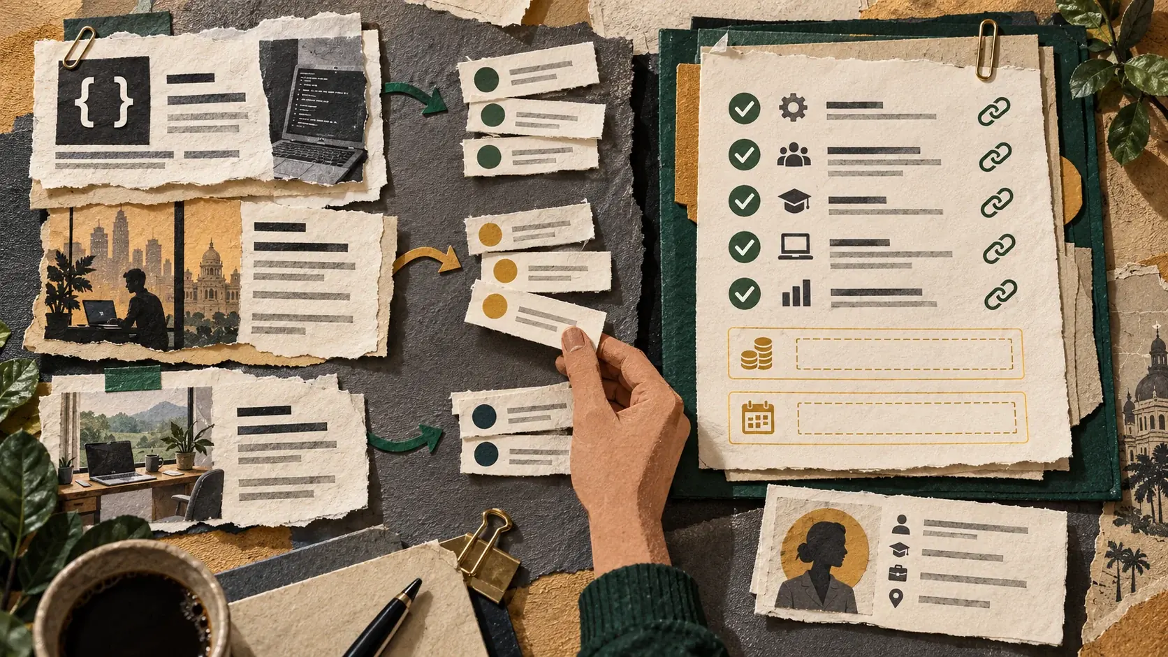 Editorial paper collage of job listings grouped into a recruiter brief with source links and deliberately empty salary fields.